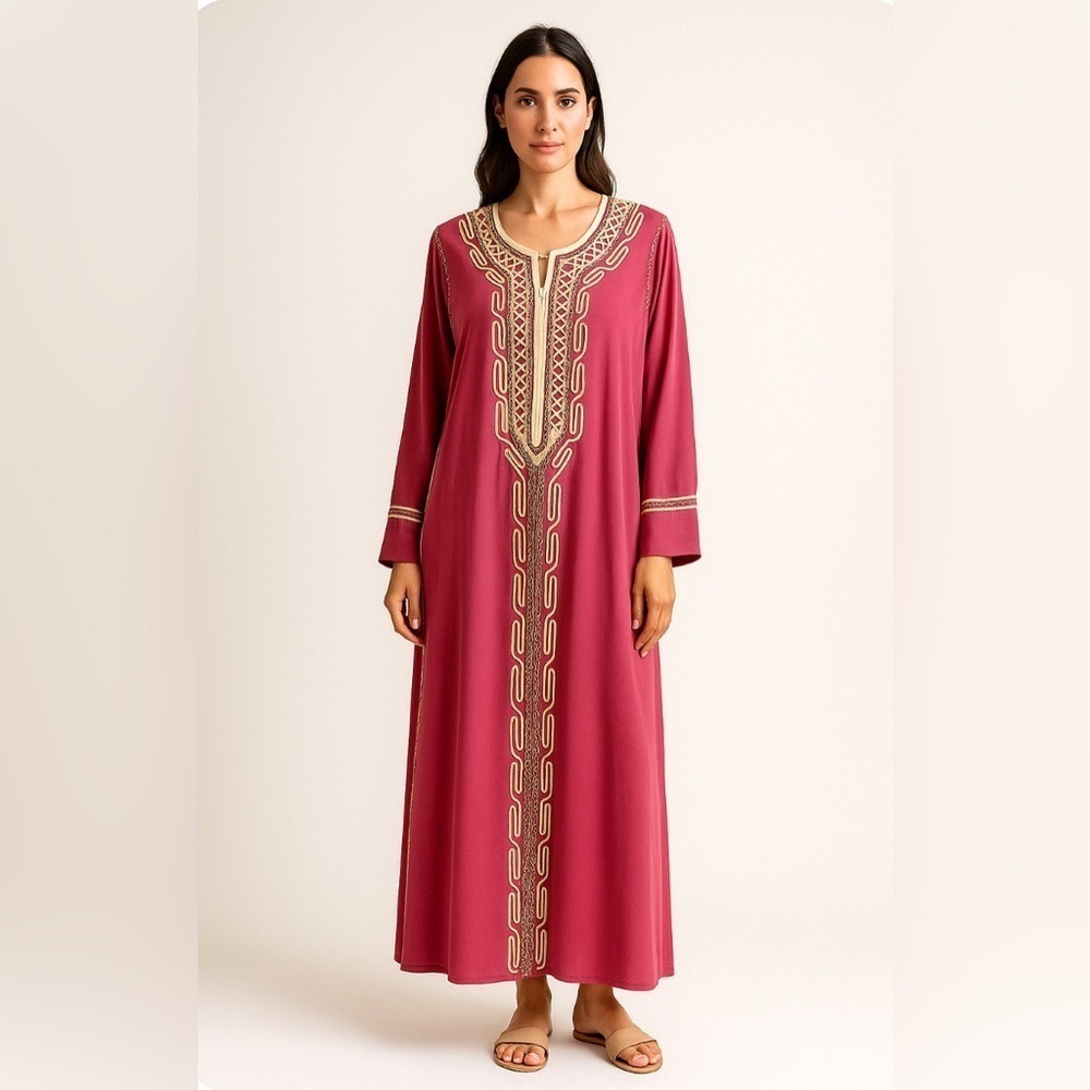 Traditional Moroccan Embroidered Caftan Maxi Pink